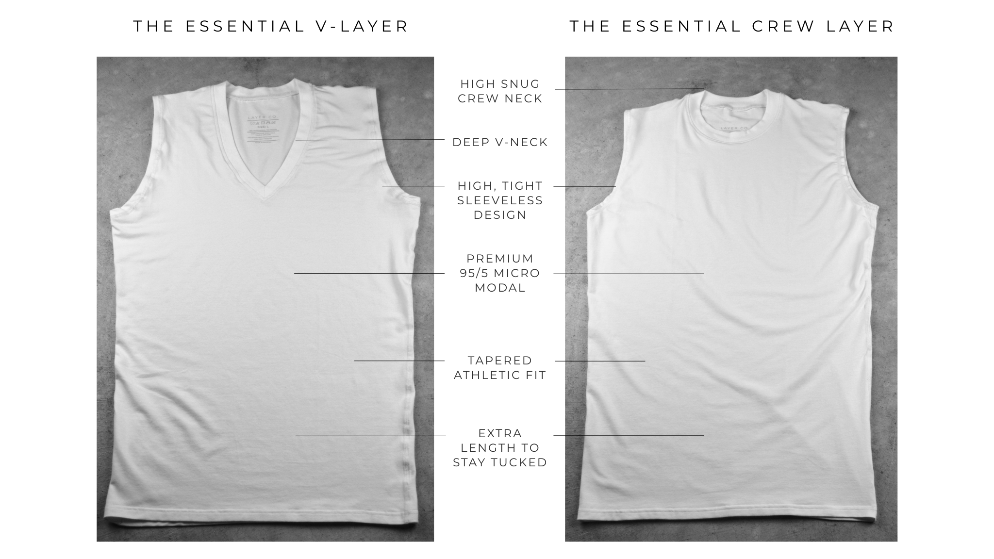 A product comparison graphic showing two white sleeveless tank top views labeled 'THE ESSENTIAL V-LAYER' and 'THE ESSENTIAL CREW LAYER' on a light gray background, with callout lines and text describing features such as high snug crew neck, deep V-neck, high-tight sleeveless design, premium 905 micro modal, tapered athletic fit, and extra length to stay tucked.